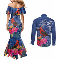 Personalized Samoa Christmas Couples Matching Mermaid Dress and Long Sleeve Button Shirt Cardinal Honeyeater Mix Siapo LT7 - Polynesian Pride