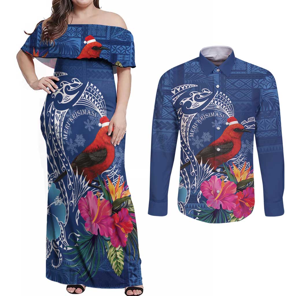 Personalized Samoa Christmas Couples Matching Off Shoulder Maxi Dress and Long Sleeve Button Shirt Cardinal Honeyeater Mix Siapo LT7 Blue - Polynesian Pride
