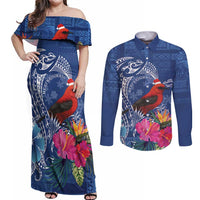 Personalized Samoa Christmas Couples Matching Off Shoulder Maxi Dress and Long Sleeve Button Shirt Cardinal Honeyeater Mix Siapo LT7 Blue - Polynesian Pride