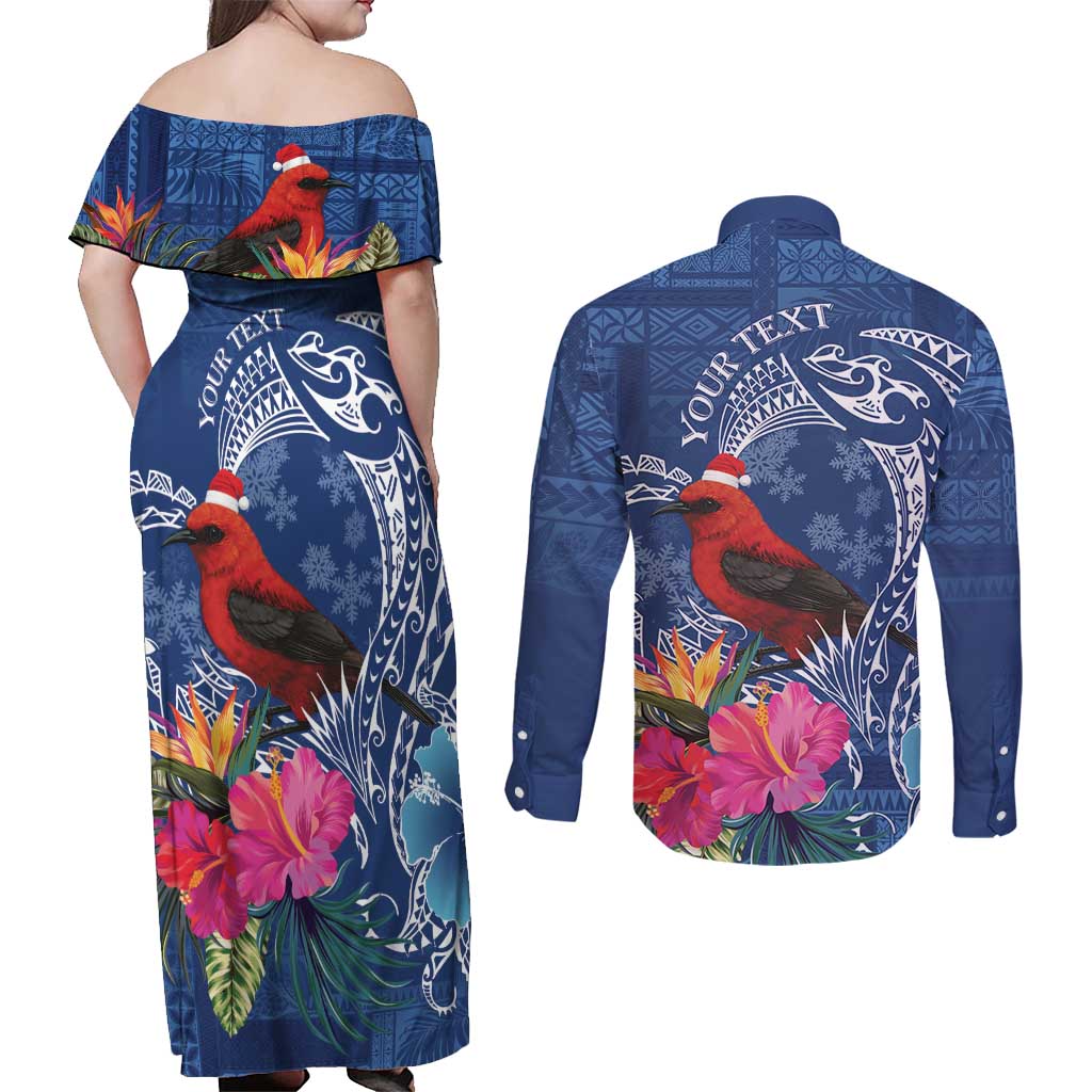 Personalized Samoa Christmas Couples Matching Off Shoulder Maxi Dress and Long Sleeve Button Shirt Cardinal Honeyeater Mix Siapo LT7 - Polynesian Pride