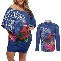 Personalized Samoa Christmas Couples Matching Off Shoulder Short Dress and Long Sleeve Button Shirt Cardinal Honeyeater Mix Siapo LT7 Blue - Polynesian Pride