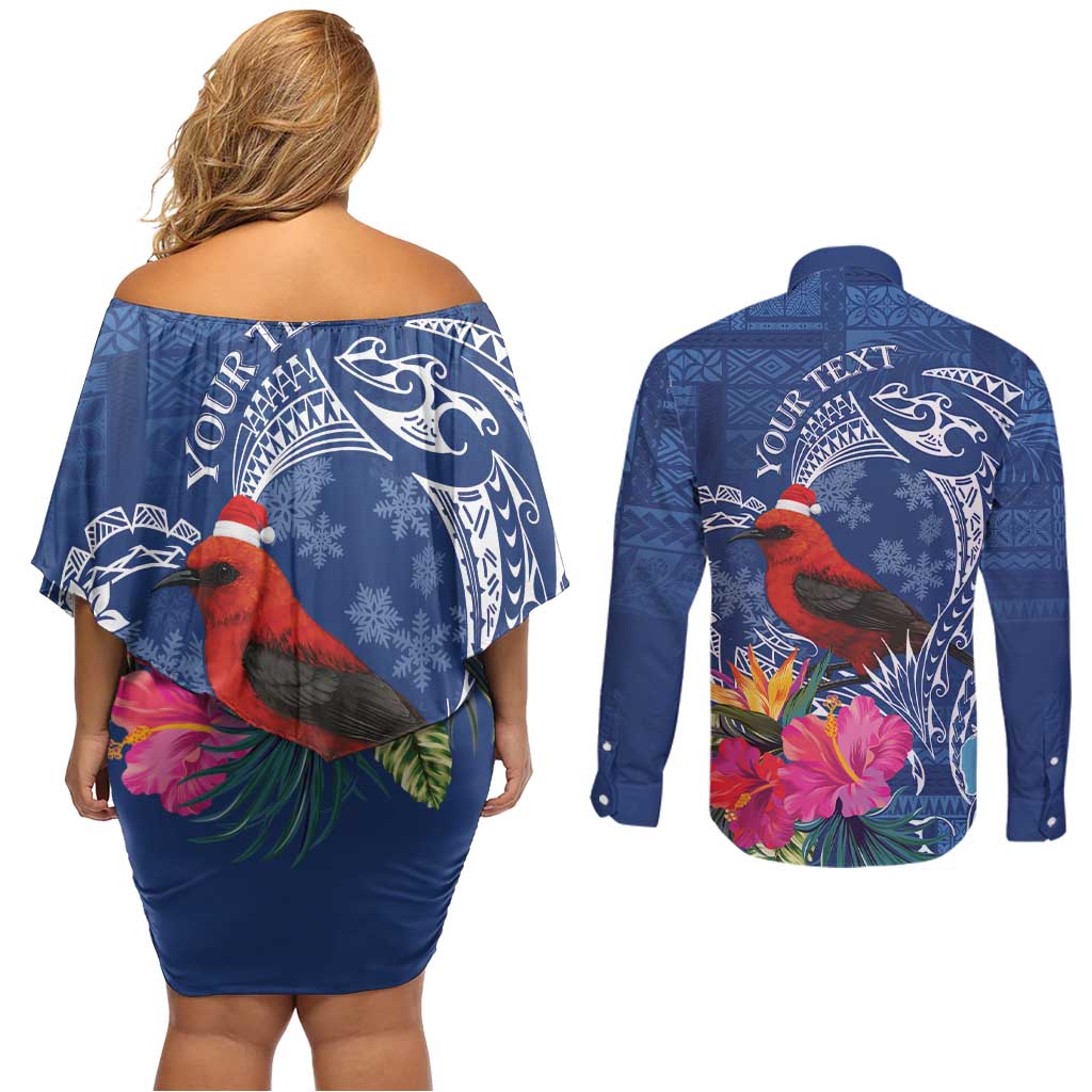Personalized Samoa Christmas Couples Matching Off Shoulder Short Dress and Long Sleeve Button Shirt Cardinal Honeyeater Mix Siapo LT7 - Polynesian Pride