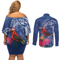 Personalized Samoa Christmas Couples Matching Off Shoulder Short Dress and Long Sleeve Button Shirt Cardinal Honeyeater Mix Siapo LT7 - Polynesian Pride