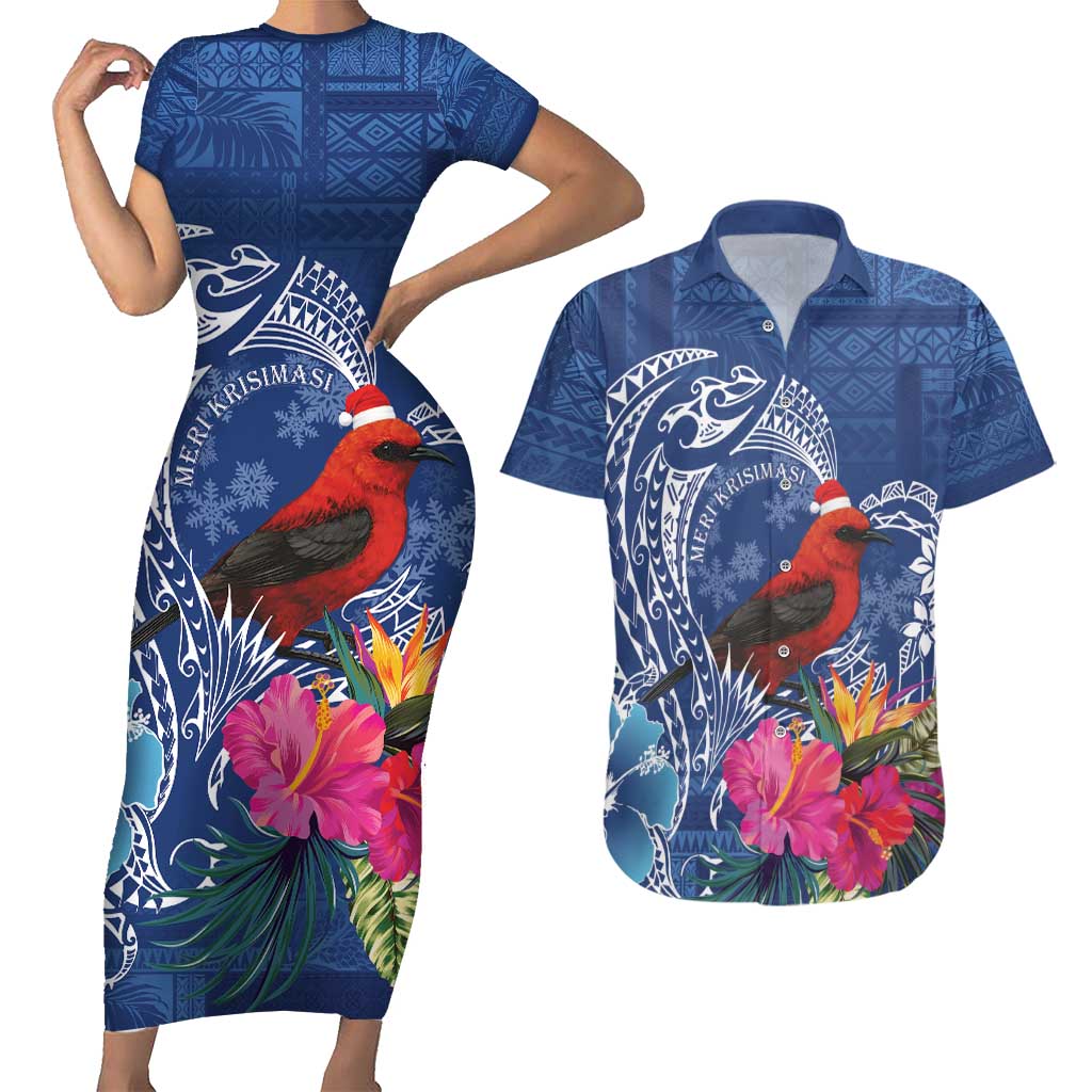 Personalized Samoa Christmas Couples Matching Short Sleeve Bodycon Dress and Hawaiian Shirt Cardinal Honeyeater Mix Siapo LT7 Blue - Polynesian Pride