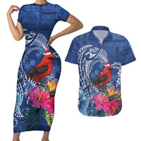 Personalized Samoa Christmas Couples Matching Short Sleeve Bodycon Dress and Hawaiian Shirt Cardinal Honeyeater Mix Siapo LT7 Blue - Polynesian Pride