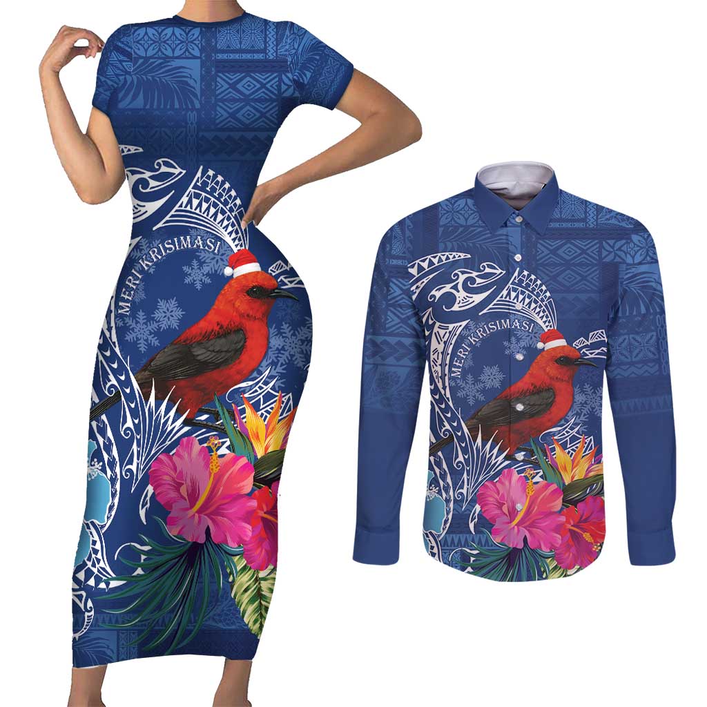 Personalized Samoa Christmas Couples Matching Short Sleeve Bodycon Dress and Long Sleeve Button Shirt Cardinal Honeyeater Mix Siapo LT7 Blue - Polynesian Pride