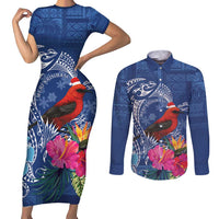 Personalized Samoa Christmas Couples Matching Short Sleeve Bodycon Dress and Long Sleeve Button Shirt Cardinal Honeyeater Mix Siapo LT7 Blue - Polynesian Pride