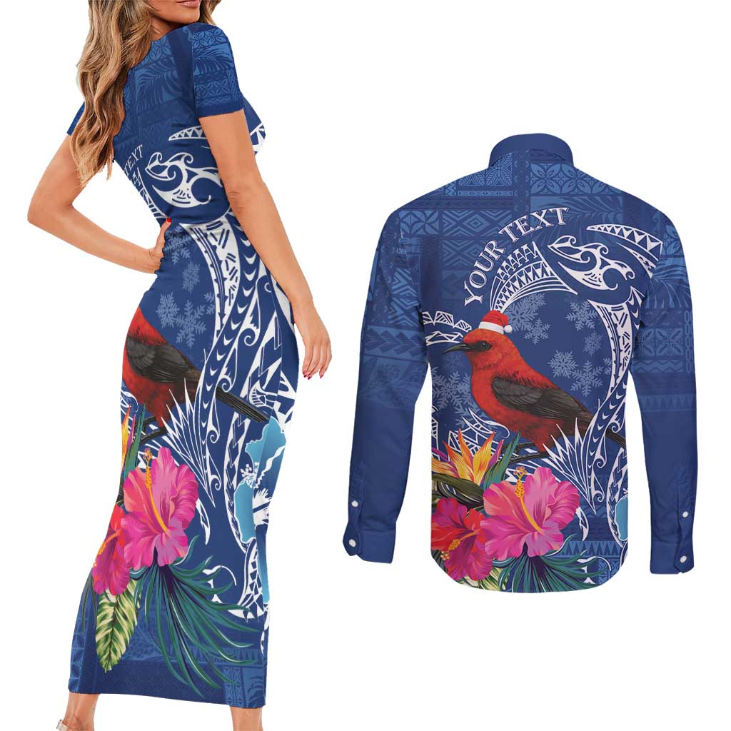 Personalized Samoa Christmas Couples Matching Short Sleeve Bodycon Dress and Long Sleeve Button Shirt Cardinal Honeyeater Mix Siapo LT7 - Polynesian Pride