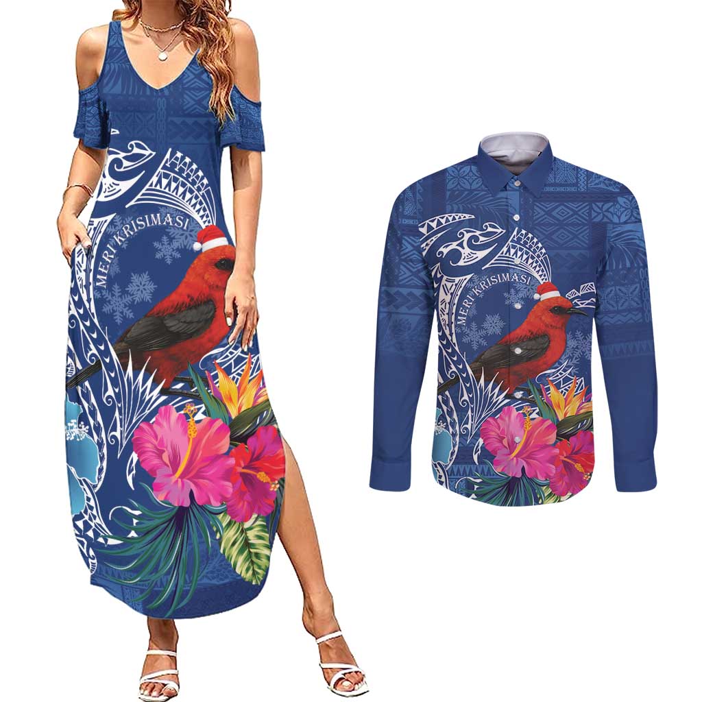 Personalized Samoa Christmas Couples Matching Summer Maxi Dress and Long Sleeve Button Shirt Cardinal Honeyeater Mix Siapo LT7 Blue - Polynesian Pride