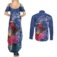 Personalized Samoa Christmas Couples Matching Summer Maxi Dress and Long Sleeve Button Shirt Cardinal Honeyeater Mix Siapo LT7 - Polynesian Pride