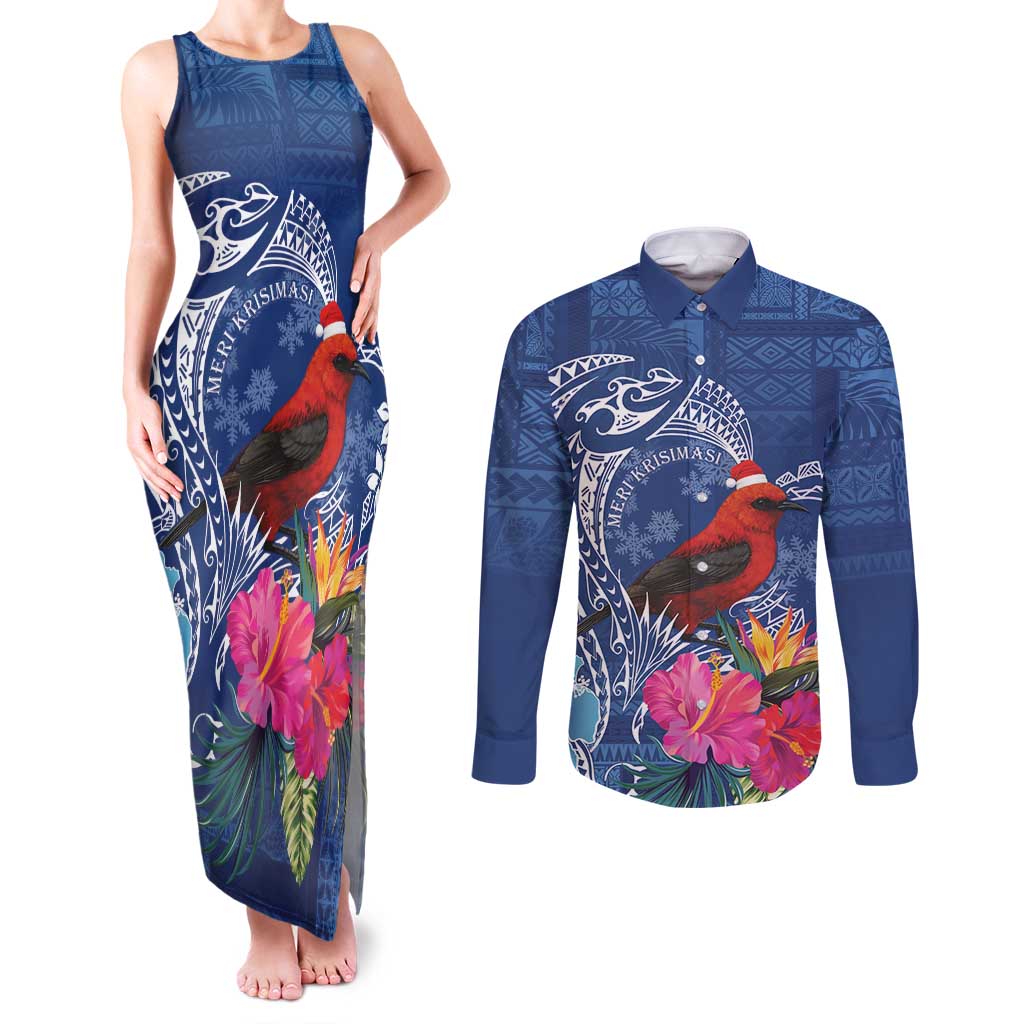 Personalized Samoa Christmas Couples Matching Tank Maxi Dress and Long Sleeve Button Shirt Cardinal Honeyeater Mix Siapo LT7 Blue - Polynesian Pride