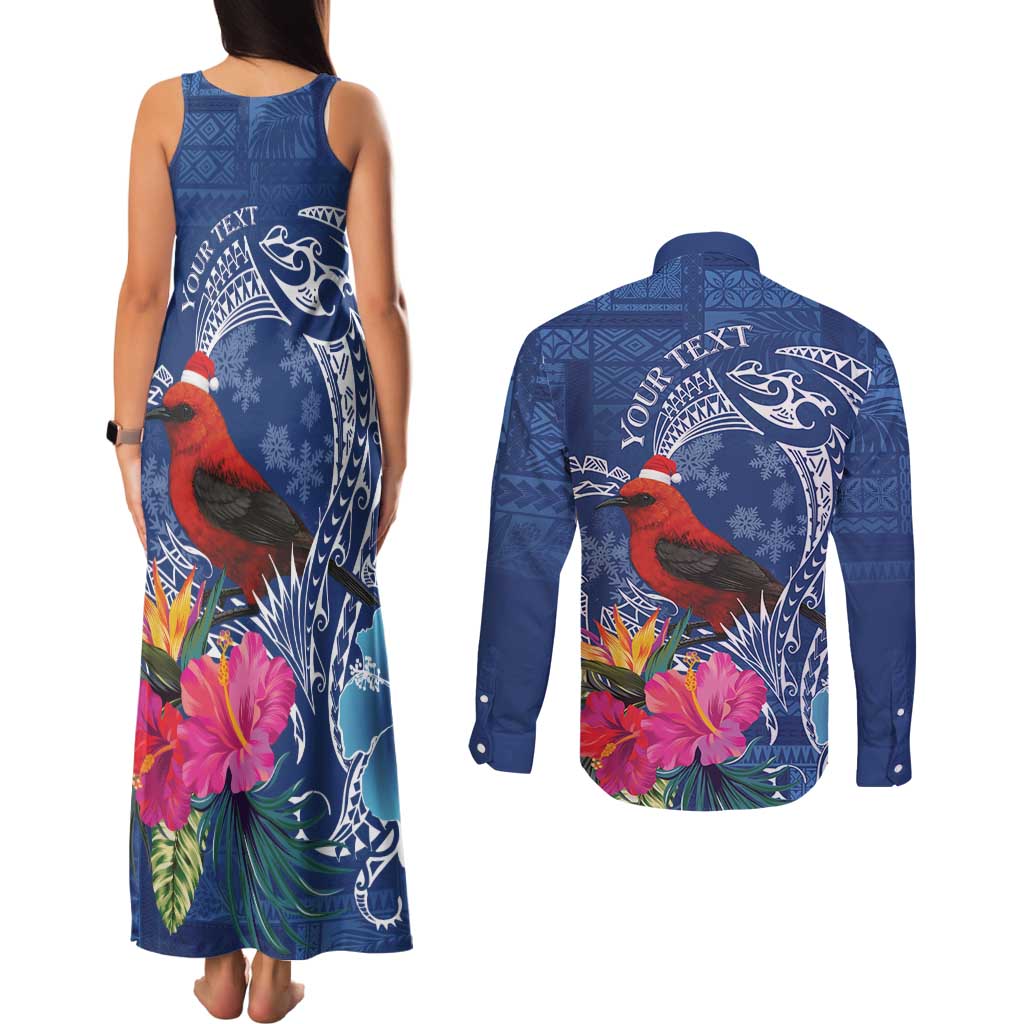 Personalized Samoa Christmas Couples Matching Tank Maxi Dress and Long Sleeve Button Shirt Cardinal Honeyeater Mix Siapo LT7 - Polynesian Pride