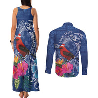 Personalized Samoa Christmas Couples Matching Tank Maxi Dress and Long Sleeve Button Shirt Cardinal Honeyeater Mix Siapo LT7 - Polynesian Pride