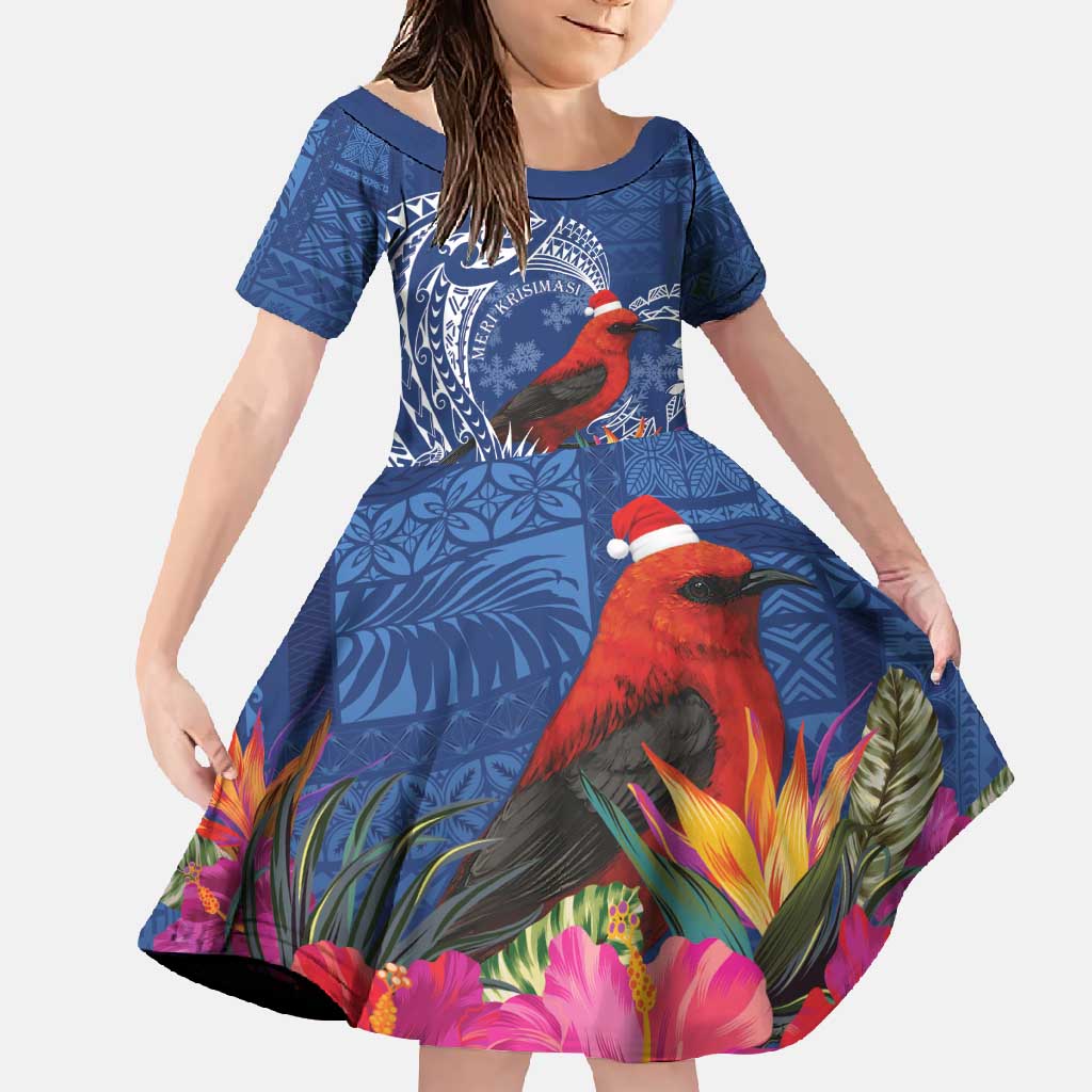 Personalized Samoa Christmas Family Matching Long Sleeve Bodycon Dress and Hawaiian Shirt Cardinal Honeyeater Mix Siapo LT7 Daughter's Dress Blue - Polynesian Pride