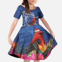 Personalized Samoa Christmas Family Matching Long Sleeve Bodycon Dress and Hawaiian Shirt Cardinal Honeyeater Mix Siapo LT7 Daughter's Dress Blue - Polynesian Pride