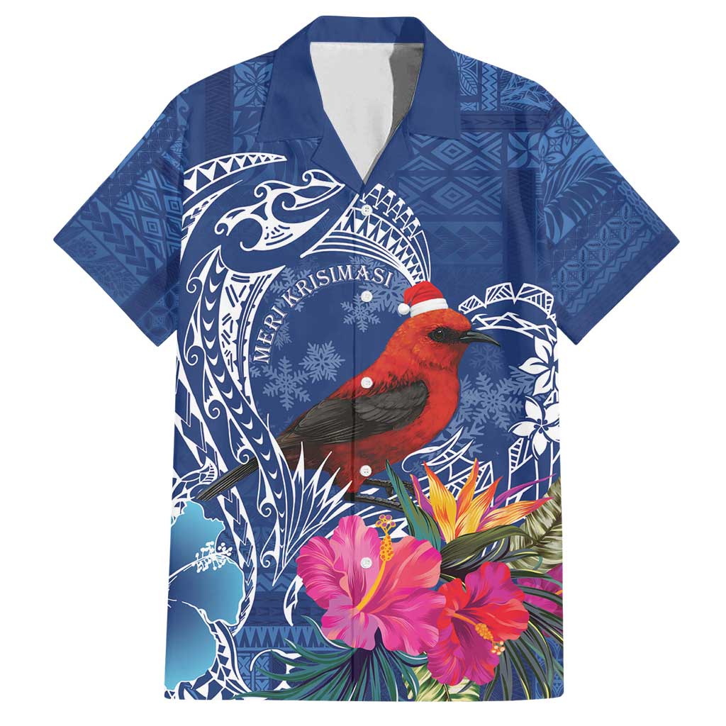 Personalized Samoa Christmas Family Matching Long Sleeve Bodycon Dress and Hawaiian Shirt Cardinal Honeyeater Mix Siapo LT7 Dad's Shirt - Short Sleeve Blue - Polynesian Pride