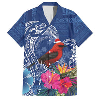 Personalized Samoa Christmas Family Matching Long Sleeve Bodycon Dress and Hawaiian Shirt Cardinal Honeyeater Mix Siapo LT7 Dad's Shirt - Short Sleeve Blue - Polynesian Pride