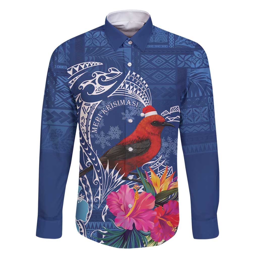 Personalized Samoa Christmas Family Matching Long Sleeve Bodycon Dress and Hawaiian Shirt Cardinal Honeyeater Mix Siapo LT7 Dad's Shirt - Long Sleeve Blue - Polynesian Pride