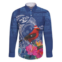 Personalized Samoa Christmas Family Matching Long Sleeve Bodycon Dress and Hawaiian Shirt Cardinal Honeyeater Mix Siapo LT7 Dad's Shirt - Long Sleeve Blue - Polynesian Pride