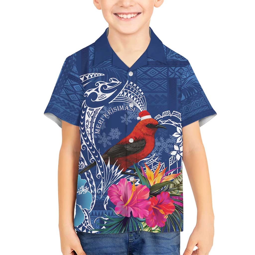 Personalized Samoa Christmas Family Matching Long Sleeve Bodycon Dress and Hawaiian Shirt Cardinal Honeyeater Mix Siapo LT7 Son's Shirt Blue - Polynesian Pride