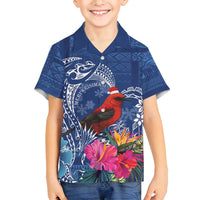 Personalized Samoa Christmas Family Matching Long Sleeve Bodycon Dress and Hawaiian Shirt Cardinal Honeyeater Mix Siapo LT7 Son's Shirt Blue - Polynesian Pride