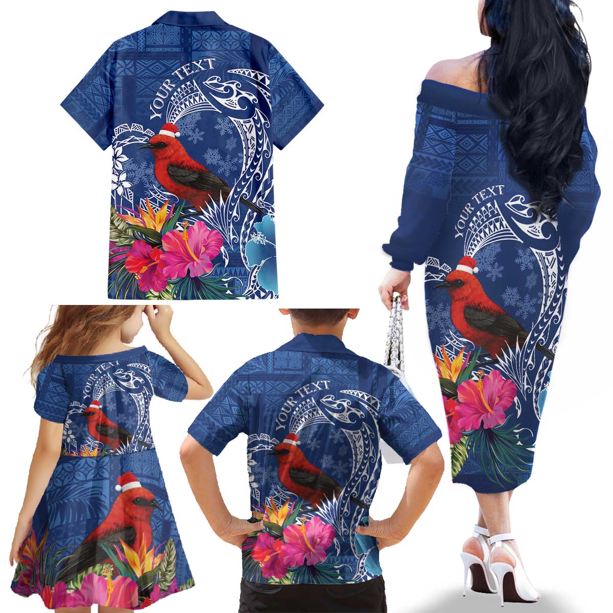 Personalized Samoa Christmas Family Matching Off The Shoulder Long Sleeve Dress and Hawaiian Shirt Cardinal Honeyeater Mix Siapo