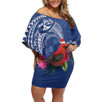 Personalized Samoa Christmas Off Shoulder Short Dress Cardinal Honeyeater Mix Siapo LT7 Women Blue - Polynesian Pride