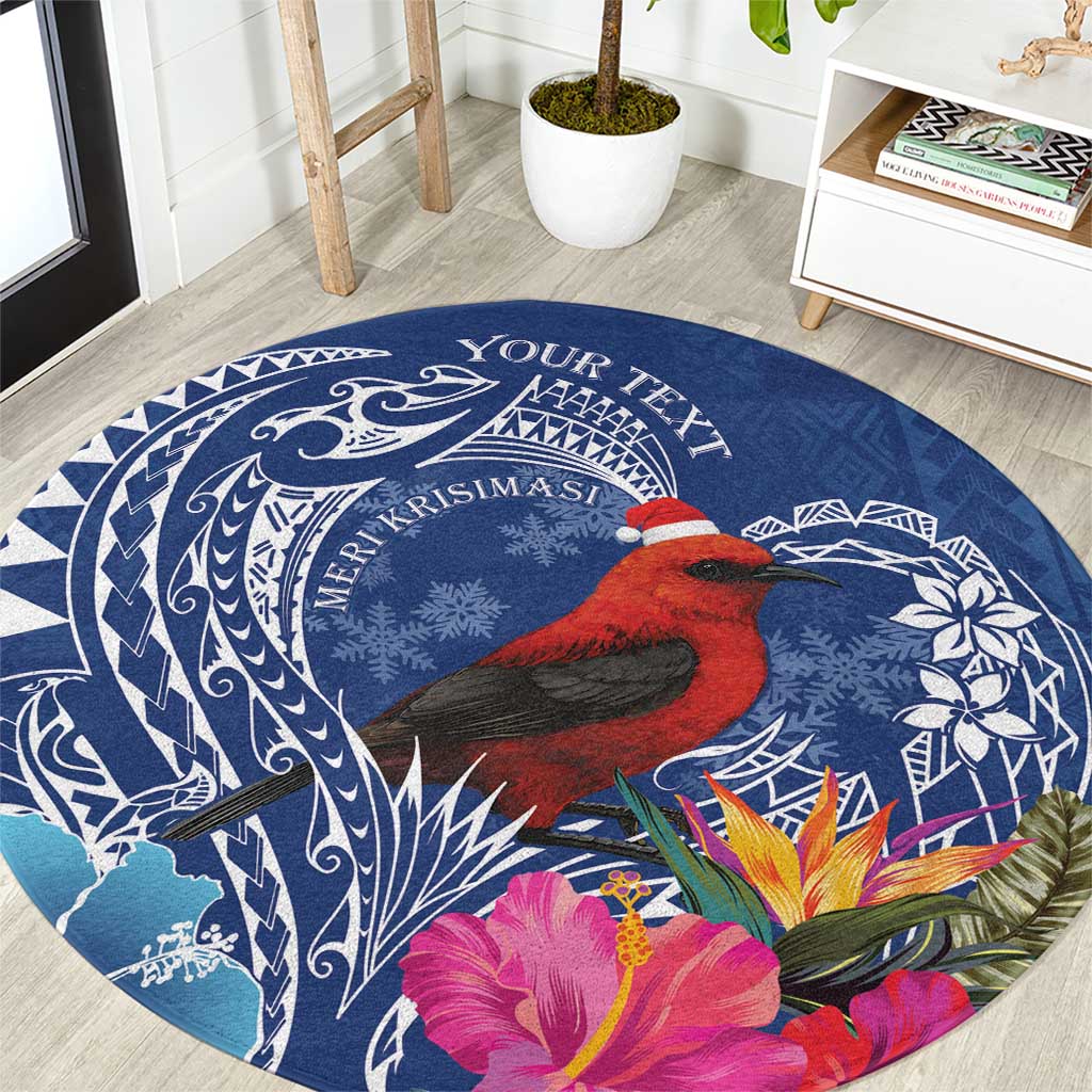 Personalized Samoa Christmas Round Carpet Cardinal Honeyeater Mix Siapo LT7 Blue - Polynesian Pride