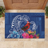 Personalized Samoa Christmas Rubber Doormat Cardinal Honeyeater Mix Siapo LT7 Blue - Polynesian Pride