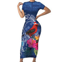 Personalized Samoa Christmas Short Sleeve Bodycon Dress Cardinal Honeyeater Mix Siapo LT7 Long Dress Blue - Polynesian Pride
