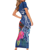 Personalized Samoa Christmas Short Sleeve Bodycon Dress Cardinal Honeyeater Mix Siapo LT7 - Polynesian Pride