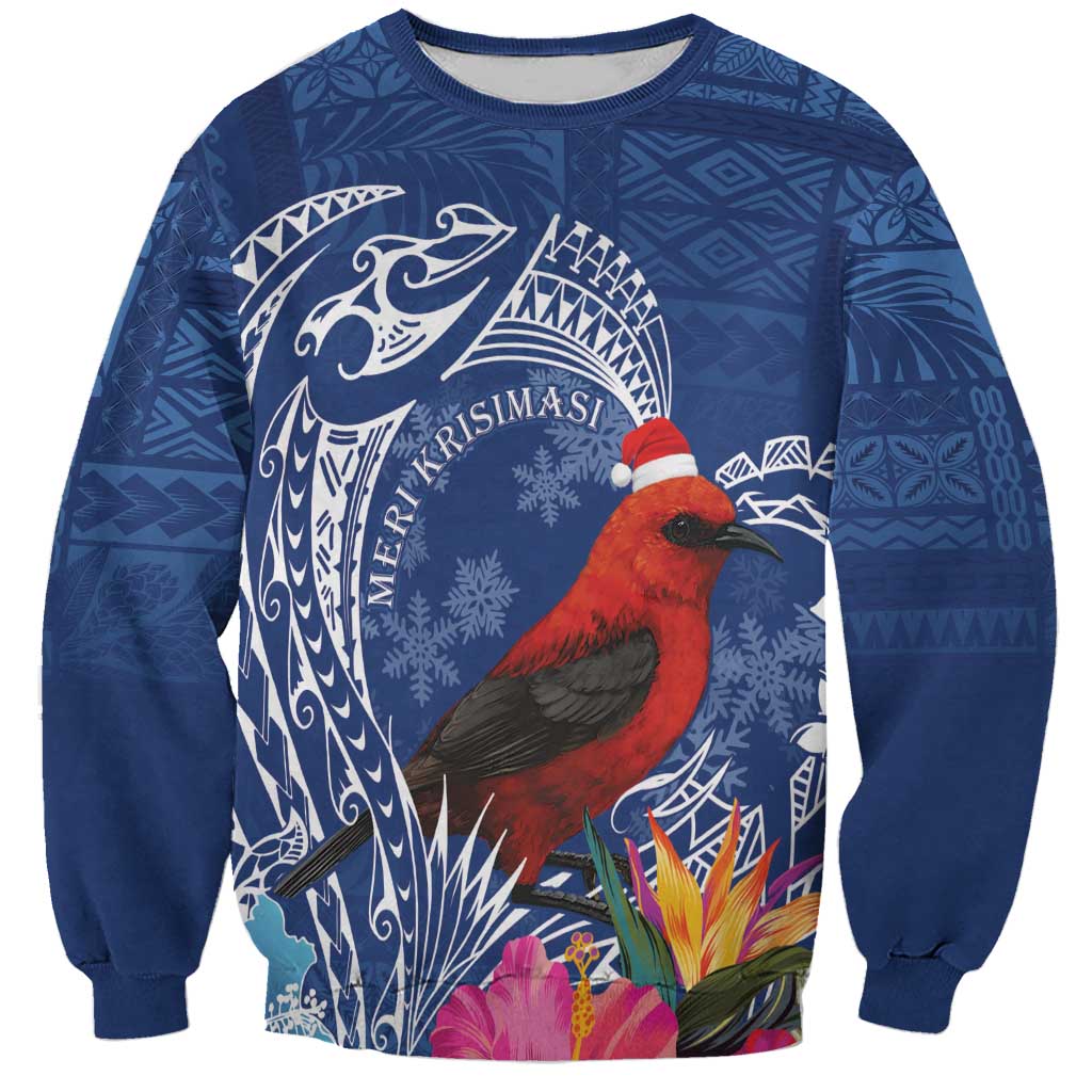Personalized Samoa Christmas Sweatshirt Cardinal Honeyeater Mix Siapo LT7 Unisex Blue - Polynesian Pride
