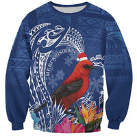 Personalized Samoa Christmas Sweatshirt Cardinal Honeyeater Mix Siapo LT7 Unisex Blue - Polynesian Pride