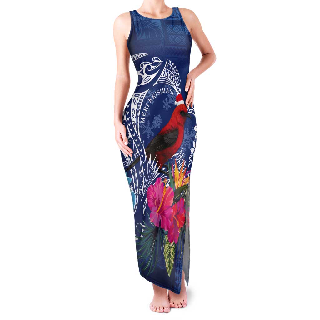 Personalized Samoa Christmas Tank Maxi Dress Cardinal Honeyeater Mix Siapo LT7 Women Blue - Polynesian Pride