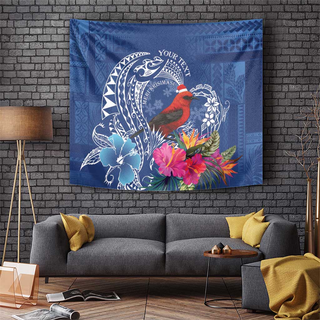 Personalized Samoa Christmas Tapestry Cardinal Honeyeater Mix Siapo LT7 Blue - Polynesian Pride