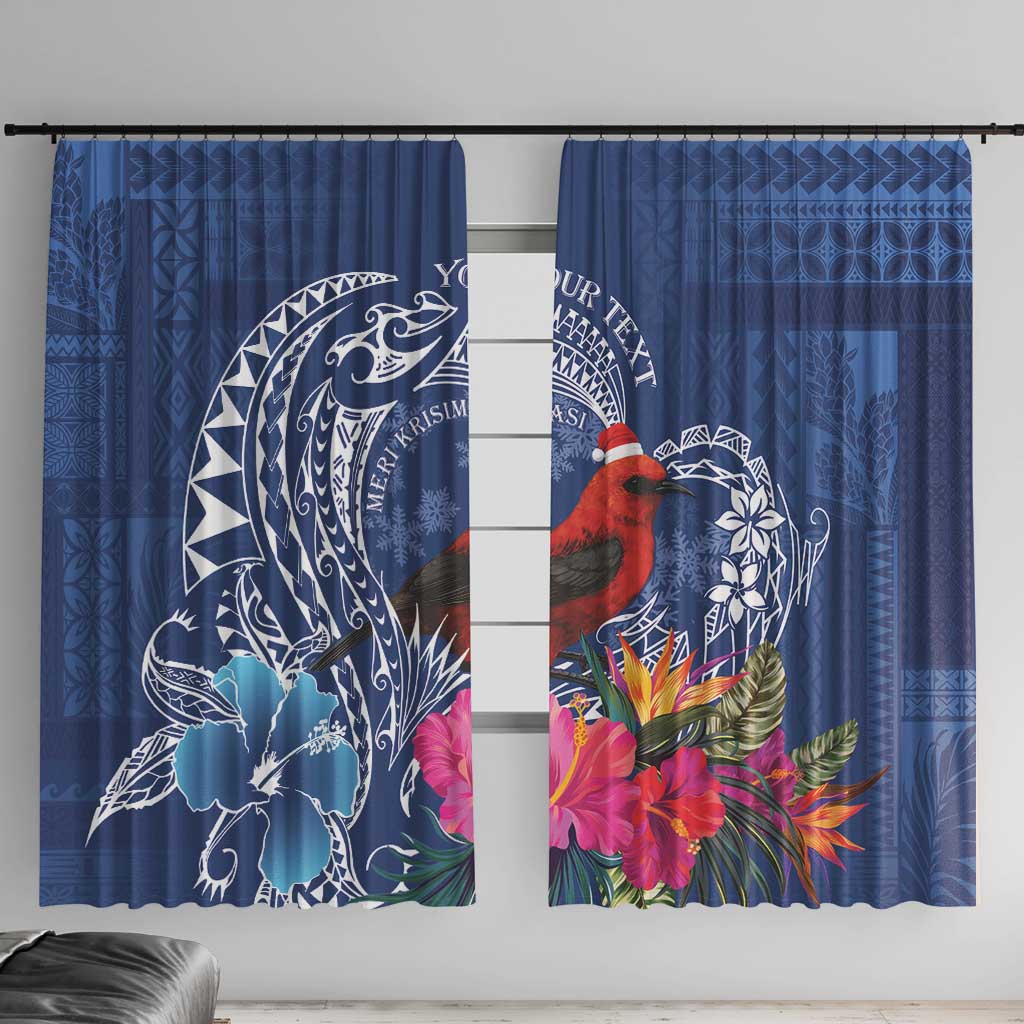Personalized Samoa Christmas Window Curtain Cardinal Honeyeater Mix Siapo LT7 With Hooks Blue - Polynesian Pride