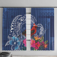 Personalized Samoa Christmas Window Curtain Cardinal Honeyeater Mix Siapo LT7 With Hooks Blue - Polynesian Pride