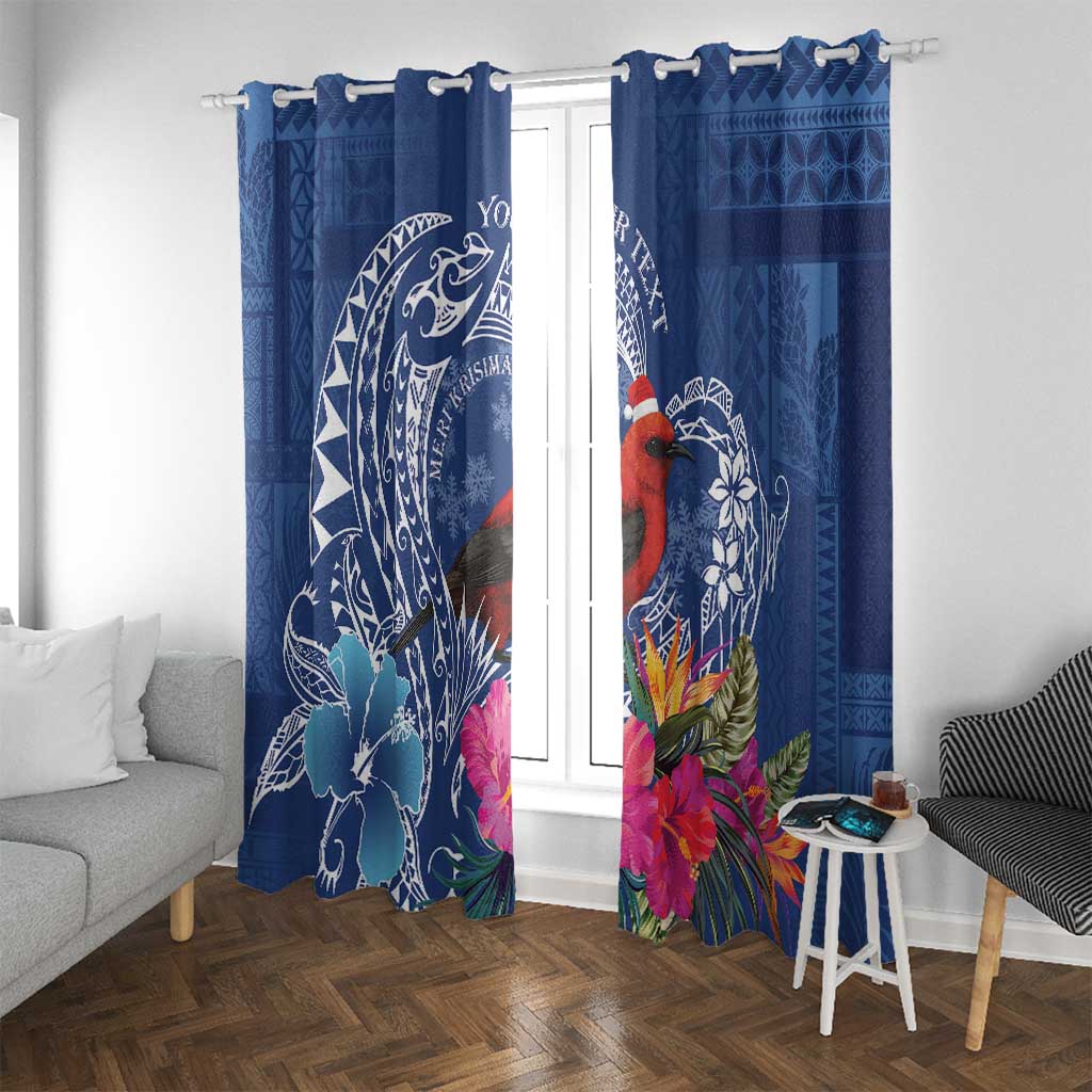 Personalized Samoa Christmas Window Curtain Cardinal Honeyeater Mix Siapo LT7 With Grommets Blue - Polynesian Pride