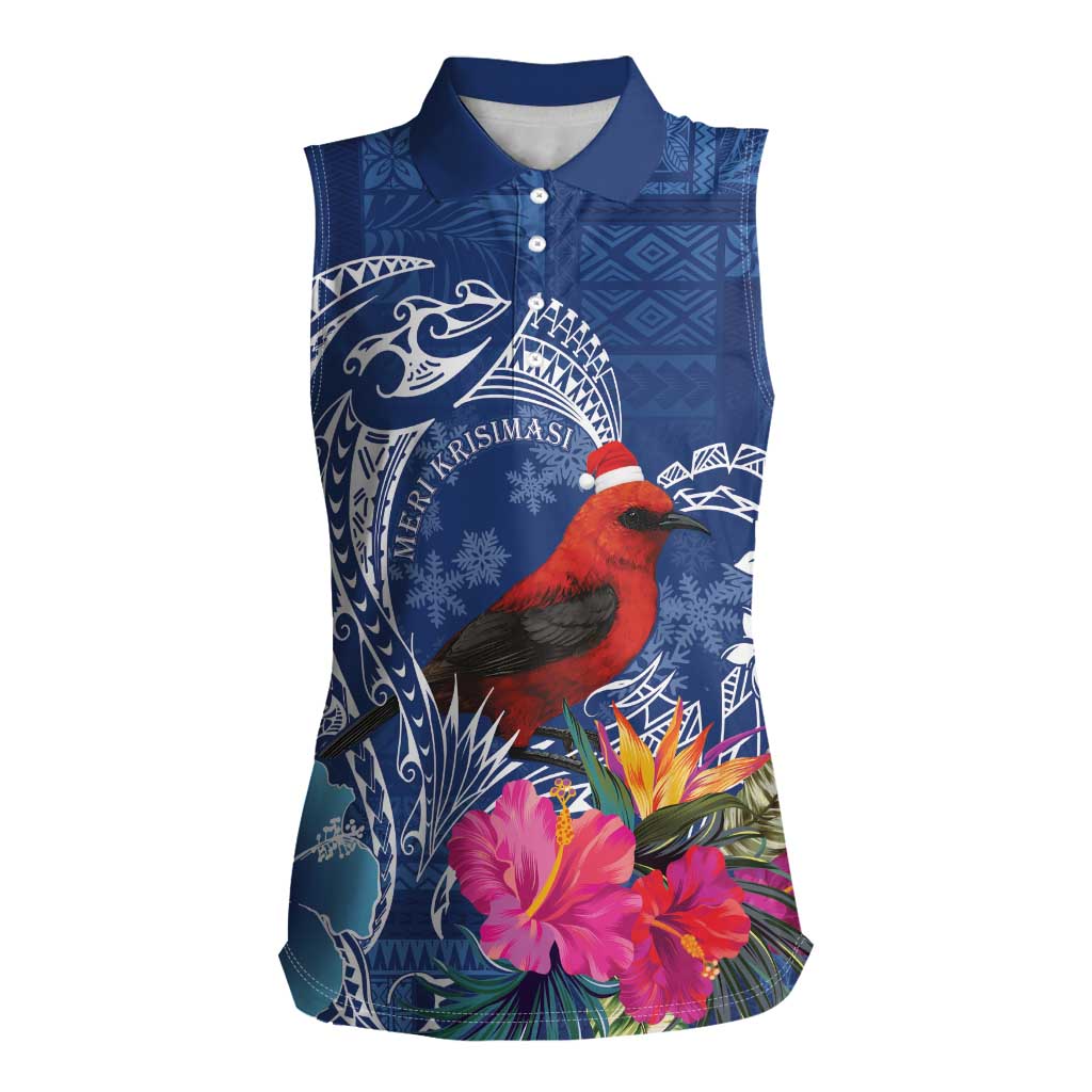 Personalized Samoa Christmas Women Sleeveless Polo Shirt Cardinal Honeyeater Mix Siapo LT7 Female Blue - Polynesian Pride