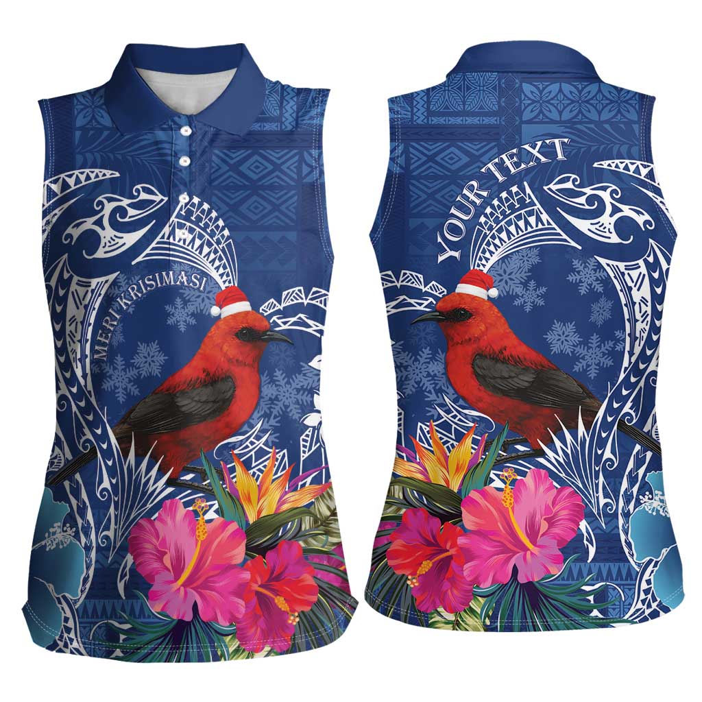 Personalized Samoa Christmas Women Sleeveless Polo Shirt Cardinal Honeyeater Mix Siapo LT7 - Polynesian Pride