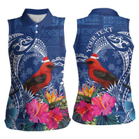 Personalized Samoa Christmas Women Sleeveless Polo Shirt Cardinal Honeyeater Mix Siapo LT7 - Polynesian Pride