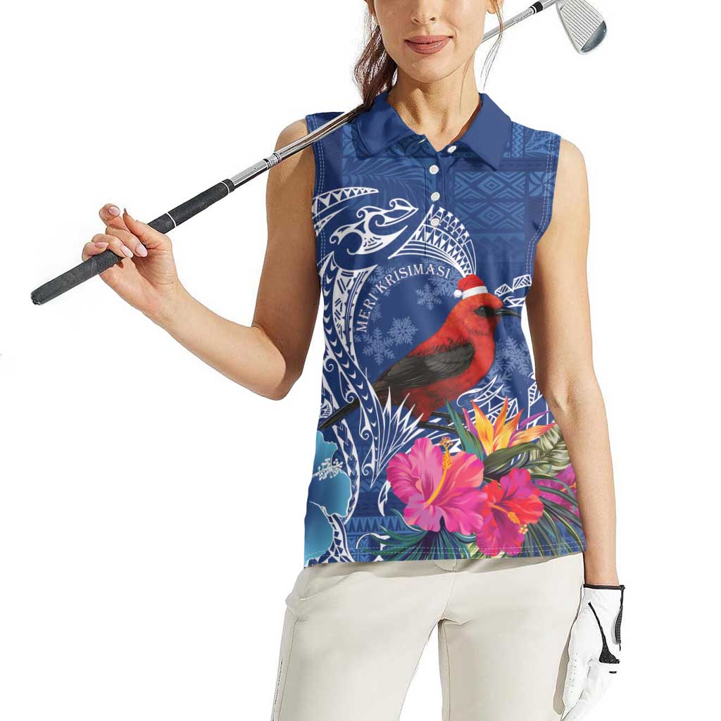 Personalized Samoa Christmas Women Sleeveless Polo Shirt Cardinal Honeyeater Mix Siapo LT7 - Polynesian Pride