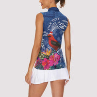 Personalized Samoa Christmas Women Sleeveless Polo Shirt Cardinal Honeyeater Mix Siapo LT7 - Polynesian Pride