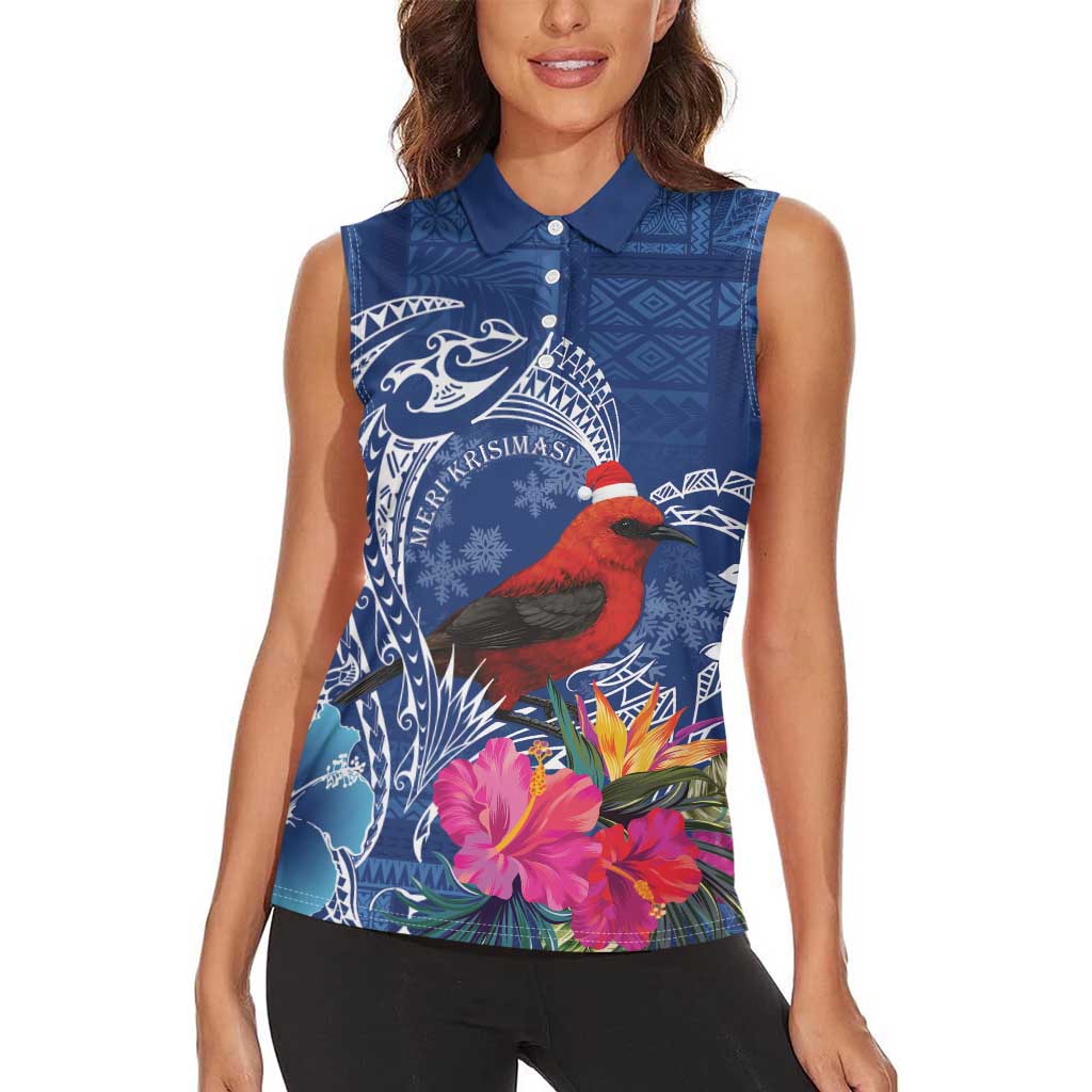 Personalized Samoa Christmas Women Sleeveless Polo Shirt Cardinal Honeyeater Mix Siapo LT7 - Polynesian Pride