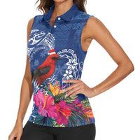 Personalized Samoa Christmas Women Sleeveless Polo Shirt Cardinal Honeyeater Mix Siapo LT7 - Polynesian Pride