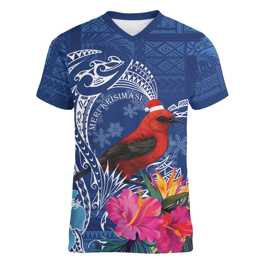 Personalized Samoa Christmas Women V-Neck T-Shirt Cardinal Honeyeater Mix Siapo LT7 Female Blue - Polynesian Pride