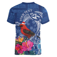 Personalized Samoa Christmas Women V-Neck T-Shirt Cardinal Honeyeater Mix Siapo LT7 - Polynesian Pride