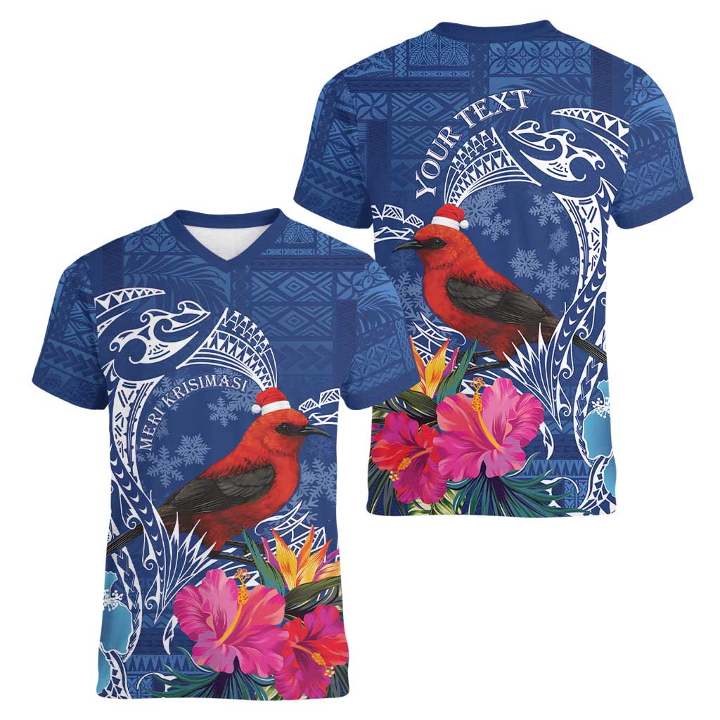 Personalized Samoa Christmas Women V-Neck T-Shirt Cardinal Honeyeater Mix Siapo LT7 - Polynesian Pride