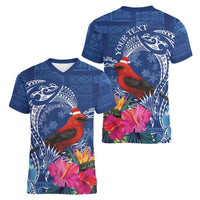 Personalized Samoa Christmas Women V-Neck T-Shirt Cardinal Honeyeater Mix Siapo LT7 - Polynesian Pride