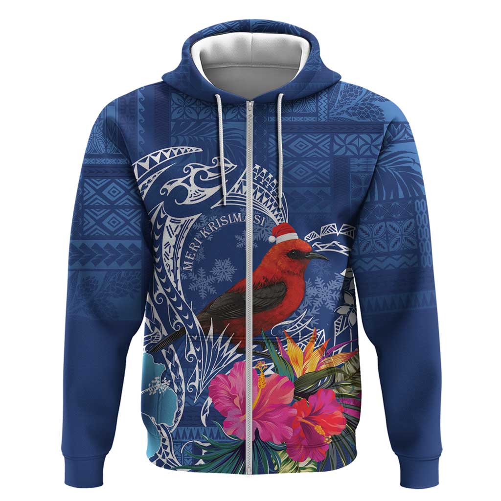 Personalized Samoa Christmas Zip Hoodie Cardinal Honeyeater Mix Siapo LT7 Zip Hoodie Blue - Polynesian Pride